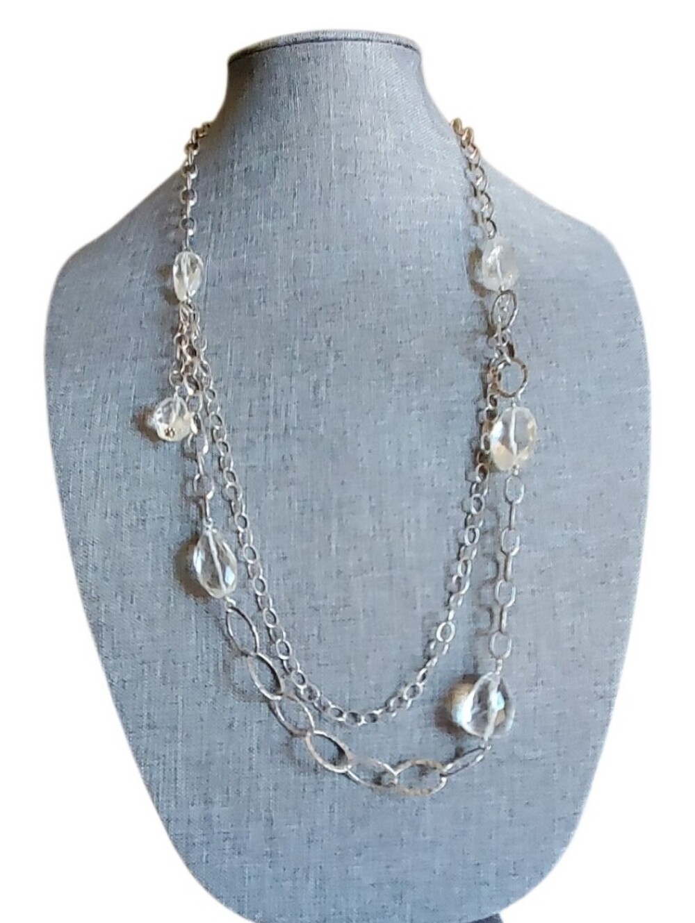 Vtg. Artisan Sterling Silver Oval Link Chain Rock Quarts Crystals Stone Necklace